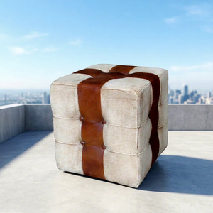 Pouf ottoman moderne en cuir souple fait main, toile et tissus d'ameublement, avec un design antique, meubles de luxe pour la maison en provenance du Rajasthan - Product Image 1