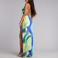 Robe asymétrique imprimée sur mesure pour femme, coupe ajustée, fente haute, dos nu, sexy, pour l'été et les vacances à la plage