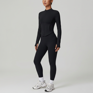 Leggings de yoga pour femmes, taille haute, sans couture, respirants, longueur intégrale, couleur noire unie, en spandex/nylon, extensibles dans quatre directions, avec poches - Product Image 1