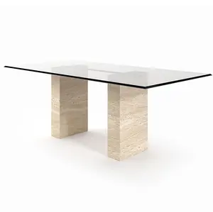 שולחן אוכל מזכוכית מרובעת טרוורטין 2 עם רגלי עמודים