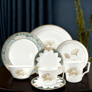 Juego de Platos y Tazones con Elementos de Hoja de Ginkgo, de Porcelana Fina, con Plato para Ensalada, Plato Ovalado y Plato para Postre - Product Image 1