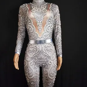 Singer birthday party wear show Spring 2022 Silver Diamond Pearl jumpsuit Dance club Clothing Bodysuit Maternity Clothes
