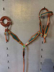 Conjunto de Collar y Brida para Caballo de Cuero Premium con Incrustaciones de Cocodrilo Teal en Relieve y Pedrería Verde. - Product Image 1