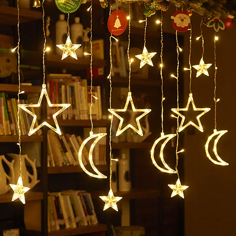 Lampu tirai led bentuk bulan dan bintang pabrik ornamen dekorasi Natal liburan lampu pohon Natal Lebaran Ramadan