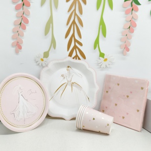DAMAI Décoration de mariage, fournitures pour la fête nuptiale, blanc et rose avec assiette en forme de mariée, vaisselle jetable, gobelets en papier, serviettes - Product Image 1