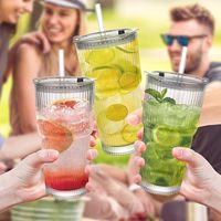 Verres à boire en verre côtelé de 20 oz avec couvercles et pailles, verres vintage en verre épais, idéal pour le café glacé