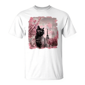 T-shirt Cat In Paris avec motif de la tour Eiffel et de fleurs de cerisier pour les amoureux des chats - Product Image 2