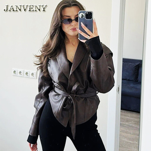 JANVENY 2024 Giacche in Ecopelle con Colletto per <span class=keywords><strong>Donna</strong></span>, Stile Vintage con Lacci, Maniche Lunghe, <span class=keywords><strong>Blazer</strong></span> Corto in <span class=keywords><strong>Pelle</strong></span> PU - Product Image 3