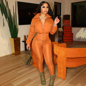 Winter Hot Sale Long Sleeve Stand Collar Puff <strong>Jacket</strong> Top Leggings Patchwork Design <strong>Jumpsuit</strong> Women Casual <strong>Jumpsuit</strong> - Product Image 1
