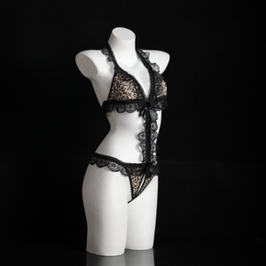 Combinaison imprimée léopard avec garniture en dentelle, ensemble soutien-gorge sexy pour femmes, style pour petites poitrines - Product Image 3