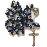 Vente en gros de chapelet en cristal de fleur bleu royal fait à la main, collier de perles de prière catholique, bijoux religieux