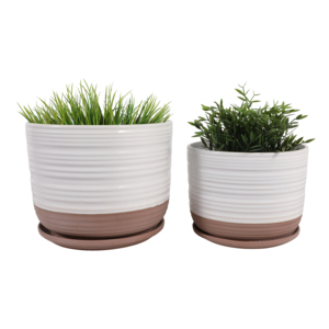 Vasi in gres con sottovaso, design testurizzato, per uso interno ed esterno, fioriere da giardino - Product Image 2