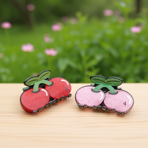 Fermaglio per capelli Cherry 8 cm rosa rosso con disegno a foglia verde per donne e ragazze - Product Image 3