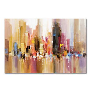 Pintura al óleo de paisaje texturizado de ciudad moderna hecha a mano, decoración de pared de lienzo, arte de pared de paisaje urbano abstracto colorido grande para la vida - Product Image 1