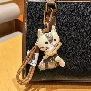 Porte-clés Vantage portable en forme d'animal de dessin animé, fait main en tissu doux, avec fleur 3D et motif chat, pour femme, breloque de sac à main - Product Image 4