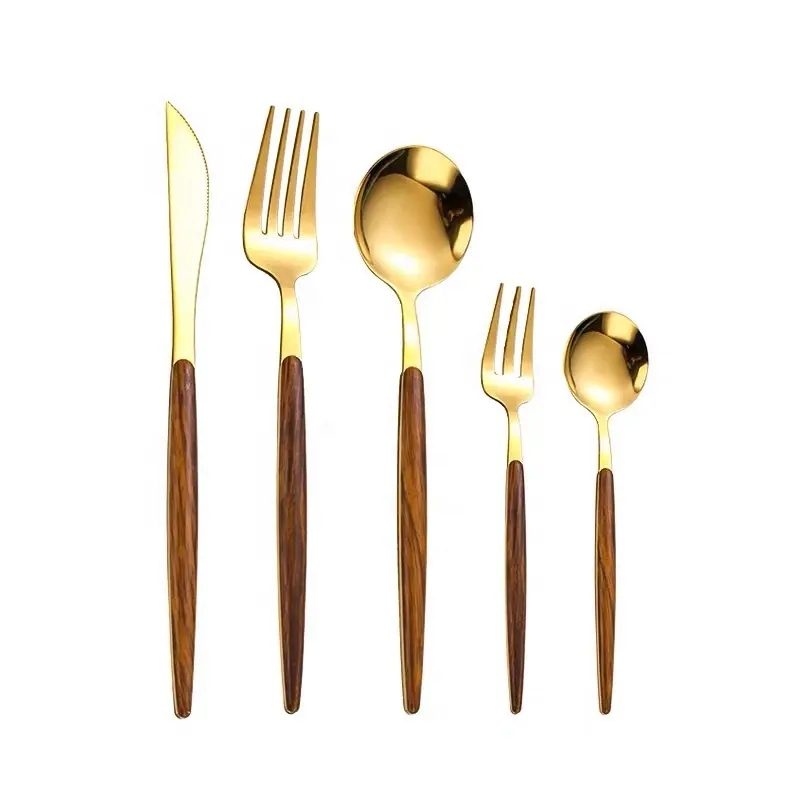 Thép Không Gỉ Gỗ Tự Nhiên Xử Lý Dao Kéo Dao Và Nĩa Muỗng Nhật Bản Flatware Trái Cây Fork Tráng Miệng Muỗng Cà Phê Muỗng