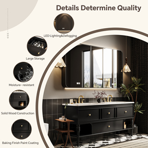 Meuble-lavabo double vasque <span class=keywords><strong>en</strong></span> bois 60-92 pouces, style rétro français, autoportant, avec grands tiroirs et <span class=keywords><strong>miroir</strong></span> intelligent anti-buée pour villa - Product Image 2