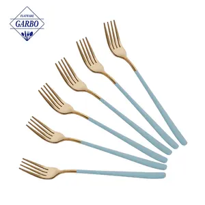 6pcs Decoration Sprayed Blue Handle 304 Stainless Steel Cutlery Set China Factory Suppliers PVD Gold Metal Dinner Fork Set