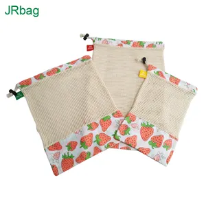 BSCI Factory Eco Friendly Drawstring Cotton Mesh Net Reusable Food Storage Bag For Fruit Vegetables