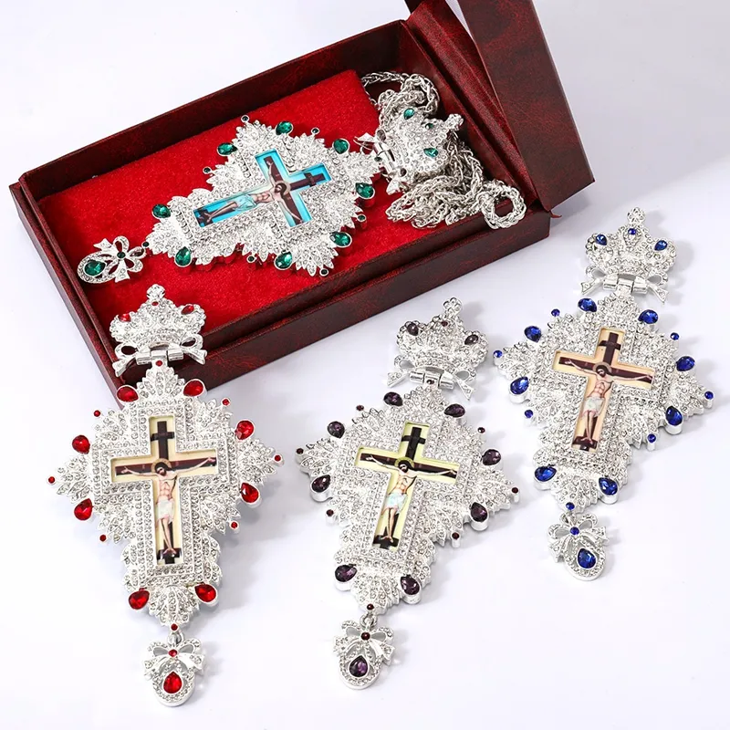ZD047 은 합금 정교회 가슴 십자가 펜던트 맞춤형 다채로운 다이아몬드 디럭스 주교를위한 영적 선물