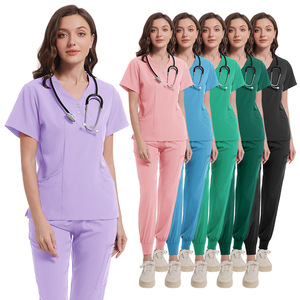 Women Scrub Set V-Neck Short Sleeve With Pockets Moisture Wicking Hospital Uniforms For Nurse Medical Staff Split Set - Product Image 1