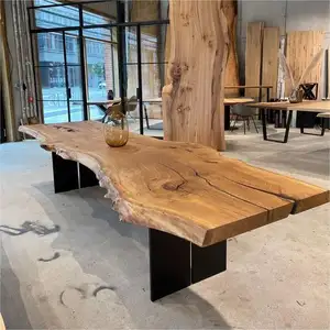fashion industrial natural walnut live round shape rustic large top edge wood coffee dining table set