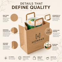 Sac de livraison alimentaire en papier kraft personnalisé, sac à emporter de qualité alimentaire avec poignée plate, emballage écologique recyclable pour saladier HONPAK