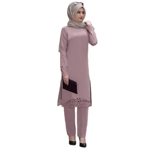 Modern zarif kadın 2 takım elbise % 100% polyester müslüman elbise düz rahat islam giyim