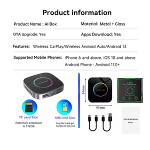 Fuallwin ai hộp Carplay Adapter Dongle xách tay <span class=keywords><strong>Android</strong></span> xe chơi Netflix Youtube Video 4 + 64 gam RAM Sim/TF thẻ - Product Image 2