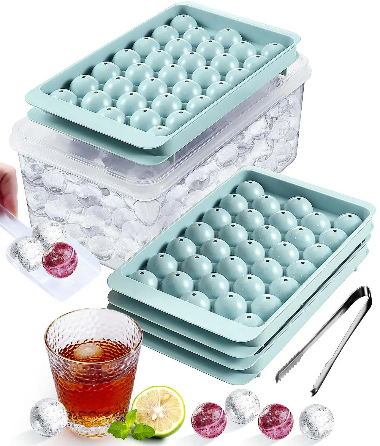 Stackable Round Ice Cube Tray Set with Lid & Bin, Ice Trays,Small Pellet Ice Maker