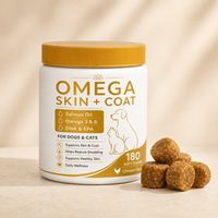 Vente en gros de 180 comprimés à mâcher Omega 3 6 9 pour animaux de compagnie, supplément d'huile de saumon EPA DHA pour chiens et chats, pour un pelage brillant et un bien-être cutané