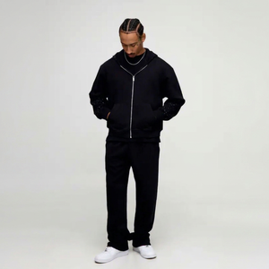 Men's Black Hooded Tracksuit Full Zipper Solid Color Casual Sweatshirt Pants Set 100% Cotton Midweight Autumn Wear - Product Image 1