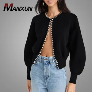 OEM Sale Plain Sweater Beautiful Fashion Ball Design Front Open Sweater Blouse Warm Winter Lady Clothing Knitted Tops