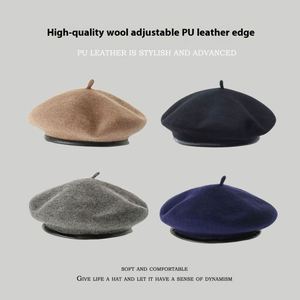 หมวกเบเร่ต์ขนสัตว์แบบปรับได้สำหรับผู้หญิง แฟชั่นฤดูใบไม้ร่วงและฤดูหนาว พร้อมขอบ PU - Product Image 4
