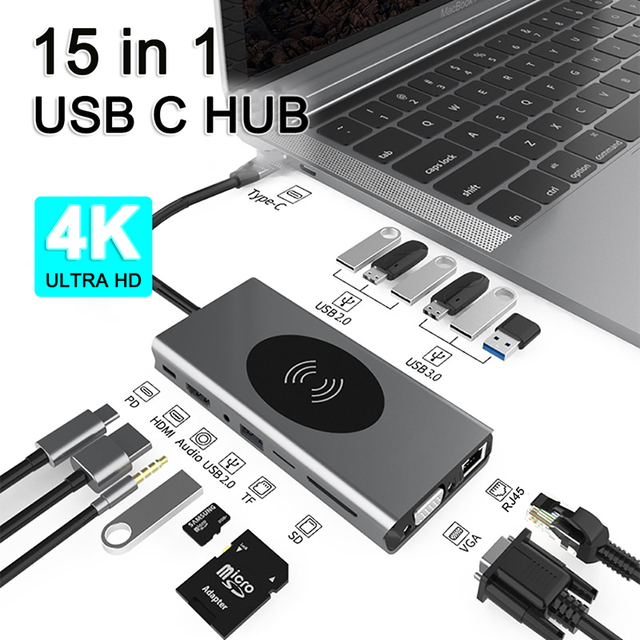 15 in 1 USB C Hub 10W Wireless Charger Type C to 4K HDMI 1080P VGA PD TF 3.5mm Adapter USB 3.0 Splitter 1000M RJ45