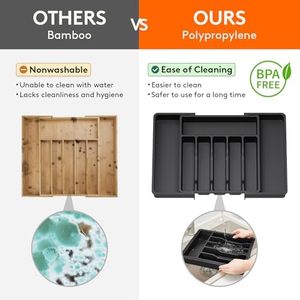 Organisateur de tiroir extensible noir de grande taille pour ustensiles de cuisine, plateau de rangement en plastique réglable pour cuillères et couverts - Product Image 4