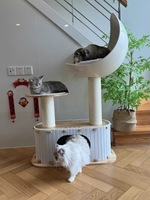 Lit pour chat moderne, luxueux, écologique, en peluche crème, lavable, doux, moelleux, apaisant, arbre à chat classique en bois, 2 niveaux, Halloween, Noël