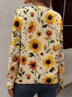 Pull-over Femme Tricoté Vintage Bohème Respirant à Imprimé Floral Tournesol - Col en V Creux Manches Longues Ample 100% Coton