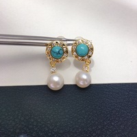 Nouvelles boucles d'oreilles pendantes en or plaqué or style palais chinois classique, turquoise, perles de culture d'eau douce blanches naturelles de 7-8 mm, mignonnes pour mariage