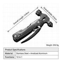 Marteau multifonction 12-en-1 avec pinces, poignée en aluminium, brise-vitre tactique, outil de survie d'urgence pour le camping et la voiture