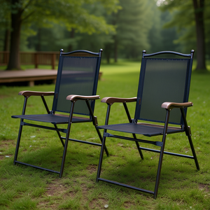 Ensemble de 2 chaises pliantes de patio en polyester noir, pour jardin, camping, cadre en fer, design contemporain décontracté - Product Image 2