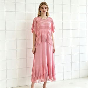 Pink Solid Woven O-Neck Short Sleeve Maxi <b>Dress</b> Beaded Pleated Hem Modest Loose Fit Women's Summer Daily Wear <b>Rayon</b> Candy Color - Product Image 1