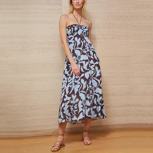 Oem Spring And Summer Midi Sleeveless Casual Dress Chocolate And Pale Blue Print Dress In Fashion For Spring