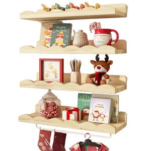 Étagère murale en bois à bords ondulés, 4 niveaux, en pin, support de rangement flottant pour la décoration de chambre d'enfant - Product Image 5