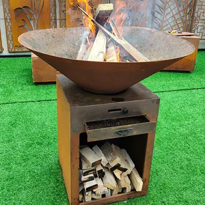 Griglia per Barbecue a carbone in acciaio Corten moderna e rustica con contenitore in legno