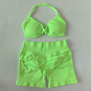LVD416 Set da Palestra 2 Pezzi per Donna, <span class=keywords><strong>Top</strong></span> Reggiseno Sportivo con Spalline e Pantaloncini a Vita Alta Arricciati, Completo Sportivo Senza Cuciture per Yoga e Fitness - Product Image 5