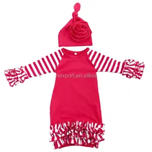 ثياب نوم نسائية, ثياب نوم نسائية طويلة الأكمام مكشكشة موديل 2023 ، ثياب وقبعة مخططة باللون الأحمر للأطفال