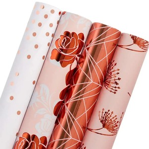 Rouleaux de papier cadeau écologiques recyclables en feuille d'or rose, motif à pois, floral, géométrique, double face, pour emballage - Product Image 1