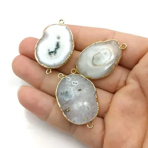 Wholesale Natural Gemstone Agate Slice Connector Electroplated Gold Edge Double Bails Pendant Druzy Geode Connector for Bracelet