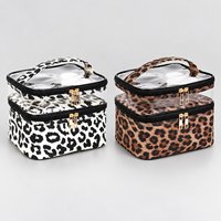 Pochette à maquillage personnalisée avec logo imprimé léopard, dessus en PVC transparent, double couche, organiseur de cosmétiques, grande trousse à maquillage avec porte-pinceaux